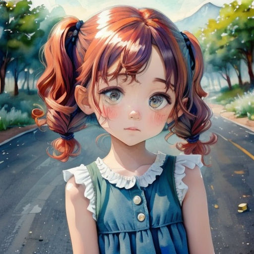 a painting of a girl with red hair and blue eyes standing on a road with trees and mountains in the background