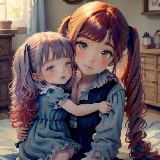 a painting of two girls hugging each other on a bed in a bedroom with a dresser and dresser behind them
