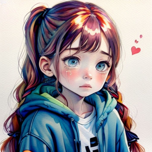 a girl with blue eyes and a hoodie on is looking at the camera with a sad expression on her face