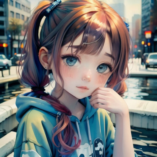 a girl with long hair and blue eyes is posing for a picture in the city street with her hand on her chin