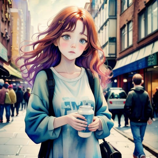 a woman with a cup of coffee on a city street with people walking by her and a man walking down the street