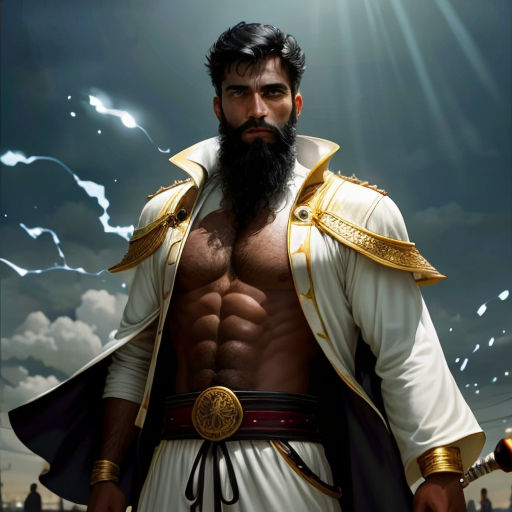 a man with a beard and a beard wearing a white outfit and gold trimmings, standing in front of a cloudy sky