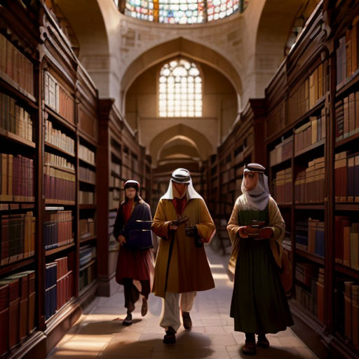 three people in a library with bookshelves and stained glass window in the background, and a stained glass ceiling