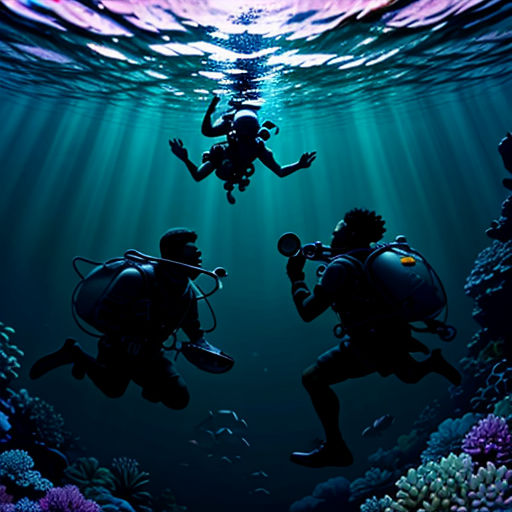 two scuba divers swimming in the ocean with a purple light coming from the water's surface above them