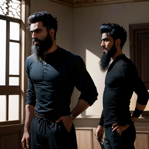 two men standing next to each other in a room with windows and a door with a window pane