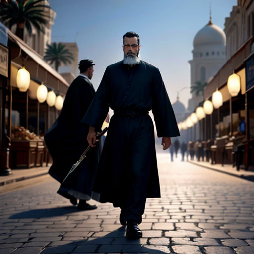 a man with a long beard and a long black robe walking down a street with another man in the background