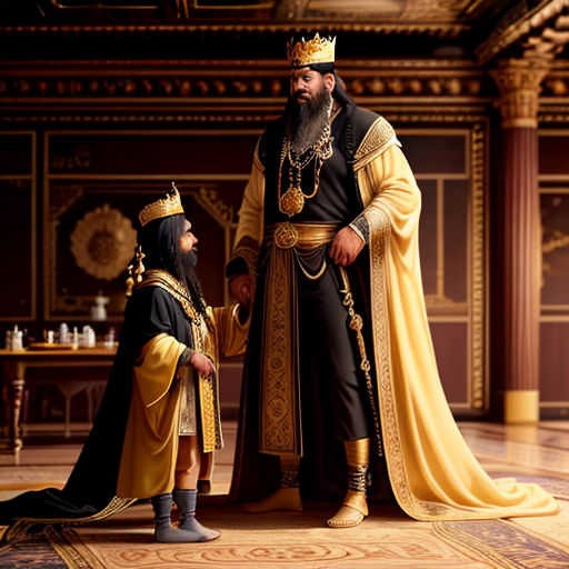 a man in a crown and a woman in a dress standing in a room with a gold and black costume
