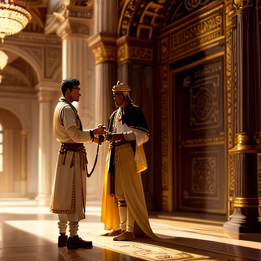 a couple of men standing next to each other in a room with chandeliers on the ceiling and a chandelier hanging from the ceiling