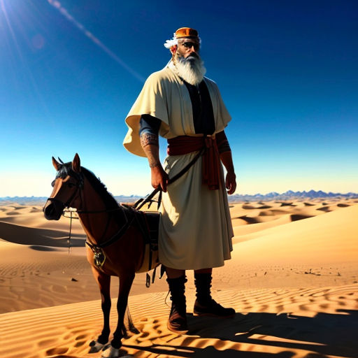a man in a desert with a horse in the foreground and a bright blue sky in the background