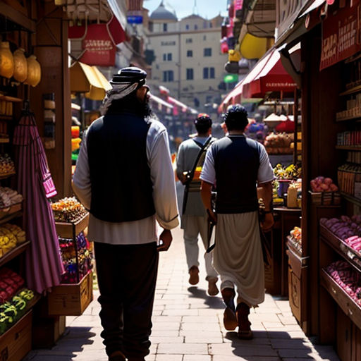 a couple of men walking down a street next to a market area with produce on display on the shelves