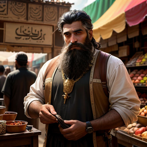 a man with a beard and a beard standing in front of a market stall holding a cell phone and looking at his watch