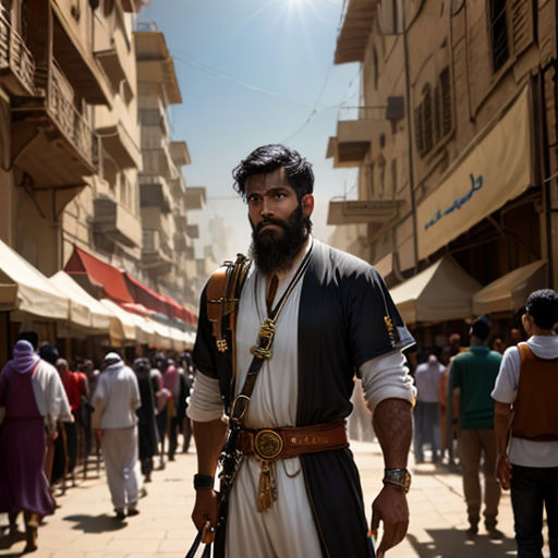 a man in a costume is walking down a street with a sword in his hand and people walking around