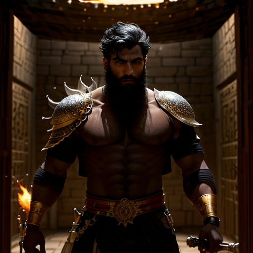 a man with a beard and a beard wearing armor and holding a sword in a hallway with a brick wall
