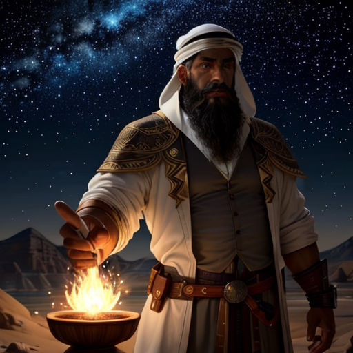 a man in a desert with a bowl of fire in his hand and a star filled sky behind him