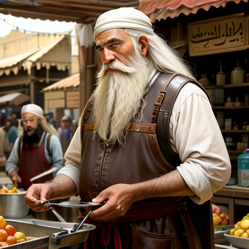 a man with a long white beard and a long white beard is cutting apples in a market area with other people