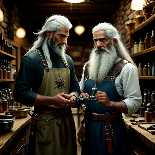 two men in aprons are looking at a bottle in a store aisle with shelves full of bottles and jars