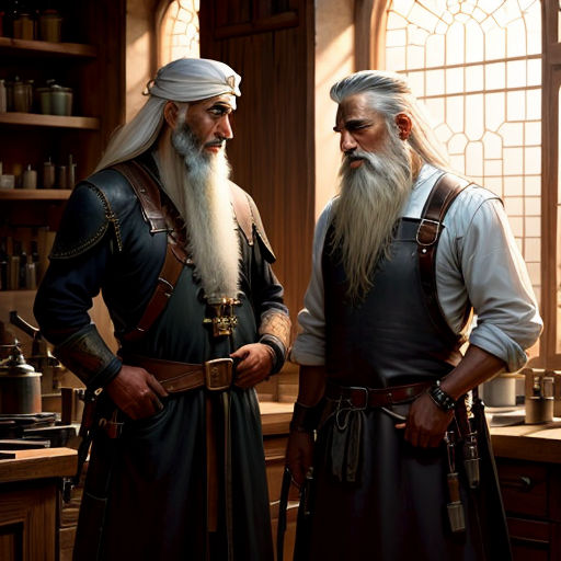 two men in medieval clothing standing in a kitchen together, one with a long white beard and the other with a long white beard
