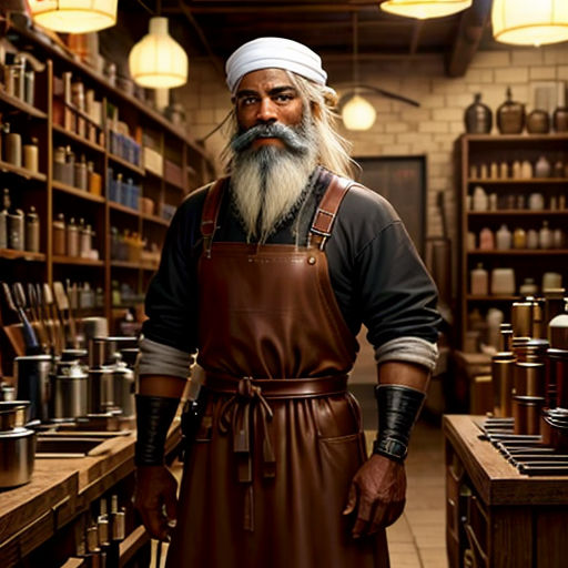 a man with a long beard and a long beard wearing an apron and a hat in a store with shelves of bottles