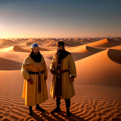 two men in desert attire standing in the sand dunes at sunset or dawn, with a desert backdrop, with a distant horizon