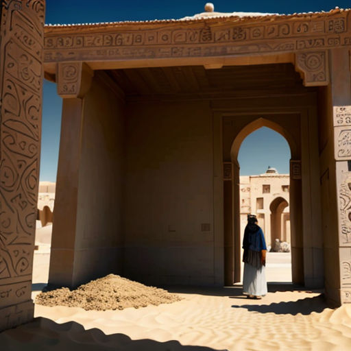 a person standing in a doorway in a desert area with sand and a building in the background with a sky background