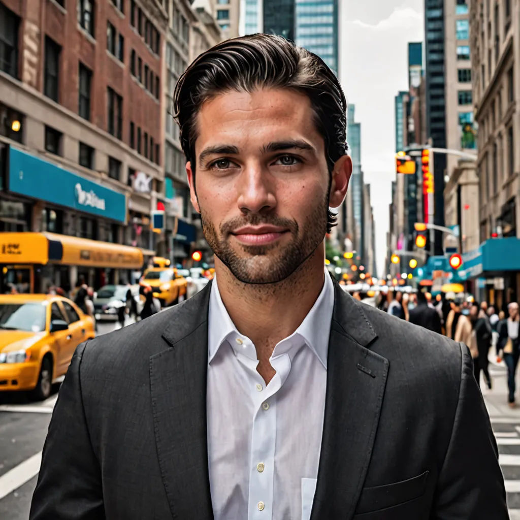 a man in a suit standing in the middle of a street in a city with a lot of people, new objectivity, a stock photo, Drew Tucker, david lazar