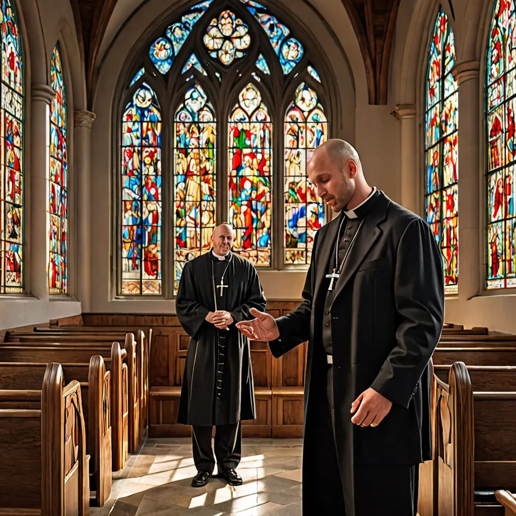 a priest is standing in front of a stained glass window and a priest is standing in front of a pew, gothic art, a stock photo, Christian W. Staudinger, award-winning photograph