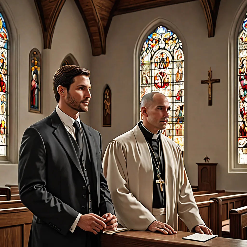 two men in suits standing in front of a church alter with stained glass windows behind them and a priest in the back, heidelberg school, a digital rendering, Brothers Hildebrandt, promotional image