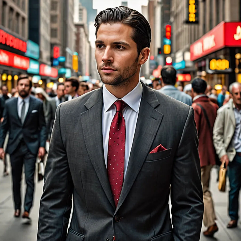 a man in a suit and tie walking down a street in a crowded city area with people walking around, maximalism, a character portrait, Alexander Kucharsky, masculine