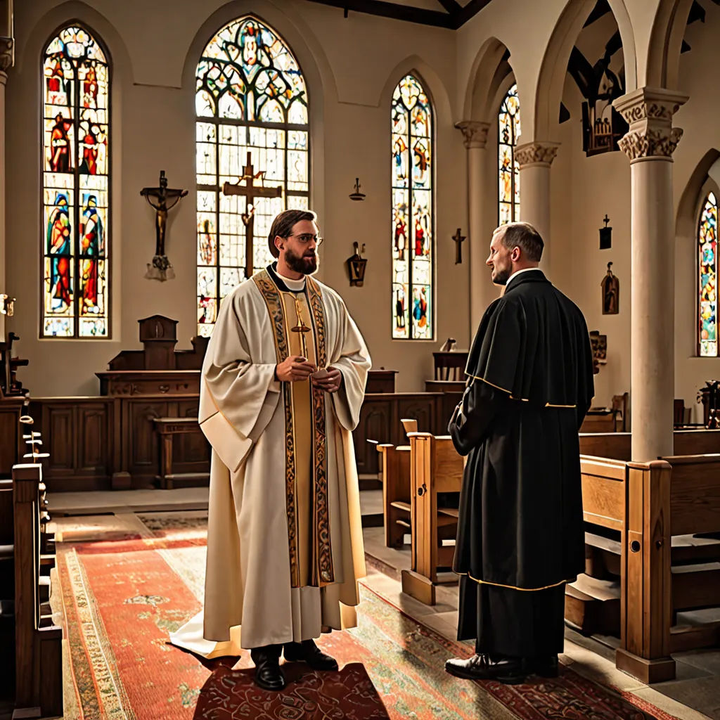 a priest and a man in a church with stained glass windows behind them and a rug on the floor, romanesque, a stock photo, Ed Benedict, cinematic photography