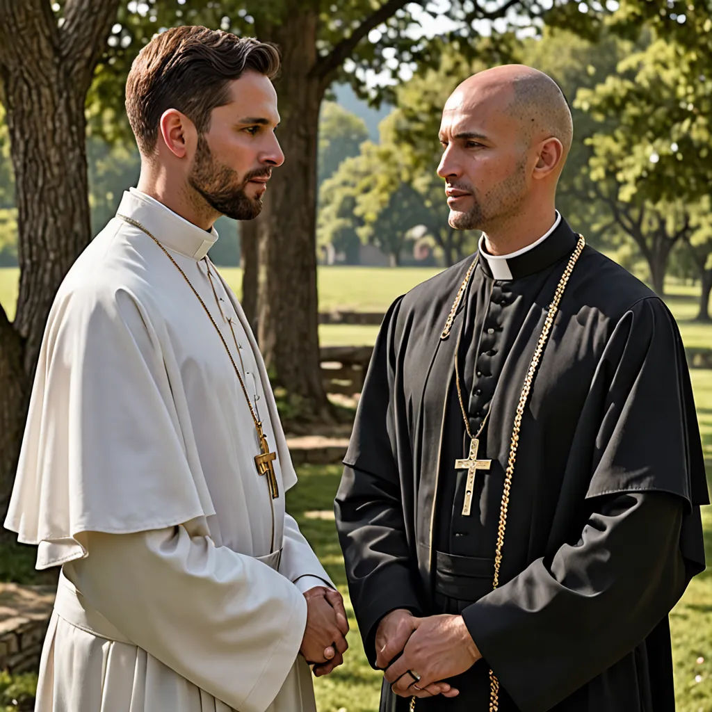a priest and a man standing in a park together talking to each other and smiling at each other's eyes, international gothic, a renaissance painting, Ed Benedict, promotional image
