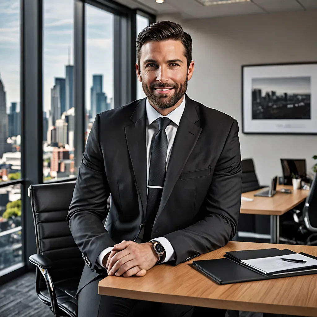 a man in a suit sitting at a desk in an office with a view of the city outside the window, private press, a stock photo, Adam Dario Keel, professional photo