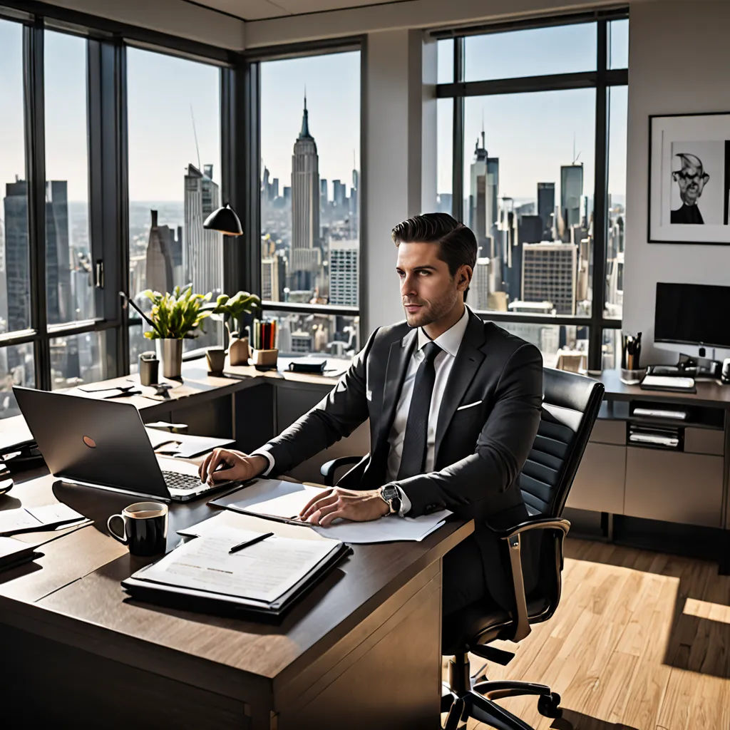 a man in a suit sitting at a desk with a laptop computer and a cup of coffee in front of him, private press, a stock photo, Emiliano Ponzi, promotional image