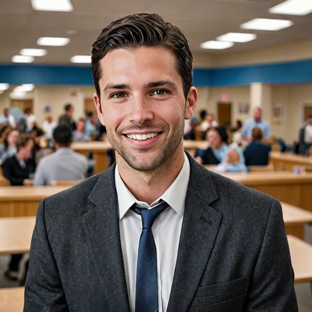 a man in a suit and tie standing in a room full of people with tables and desks in the background, northwest school, a stock photo, derek zabrocki, professional photo