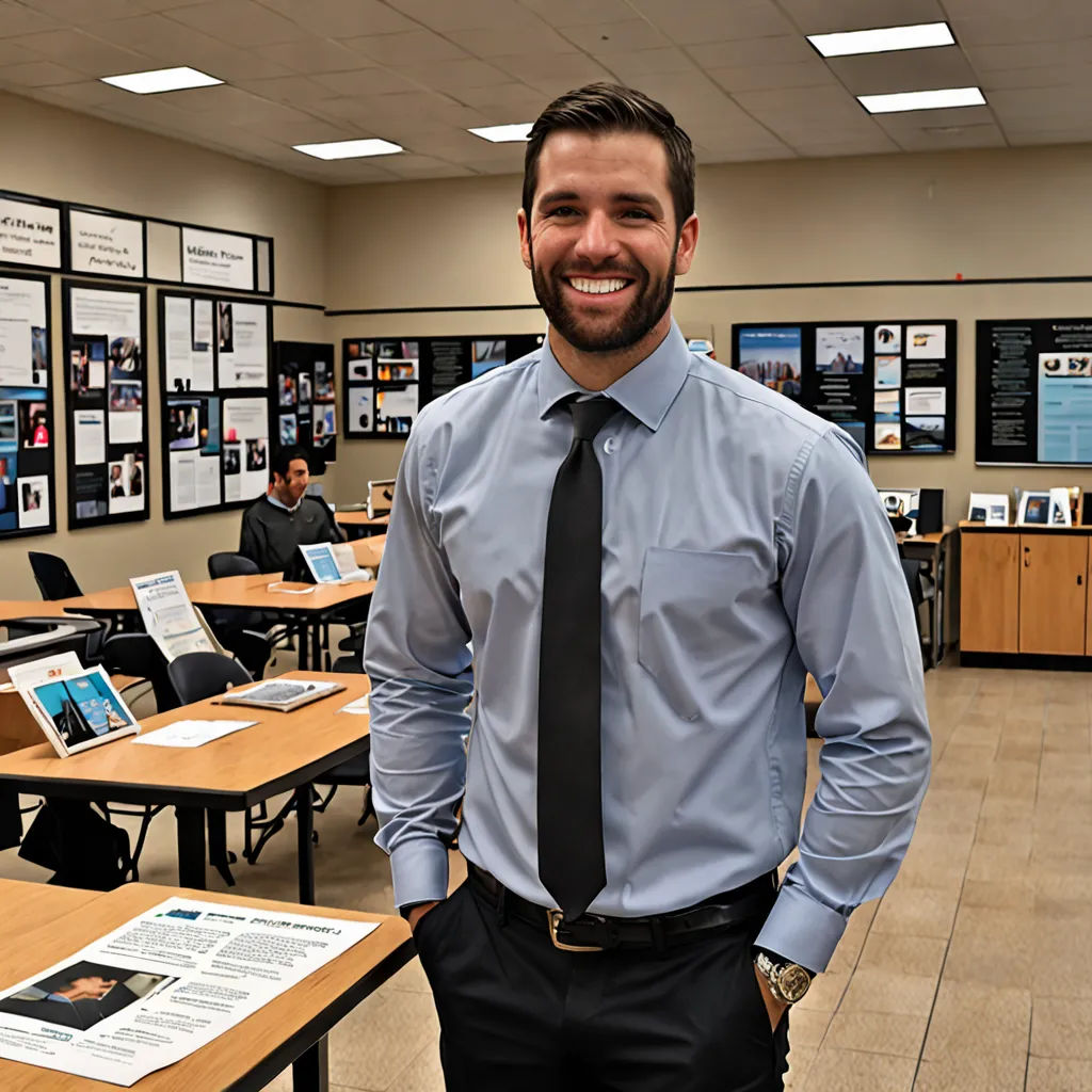 a man in a dress shirt and tie standing in a classroom with desks and posters on the walls, academic art, a stock photo, Aaron Bohrod, professional photo