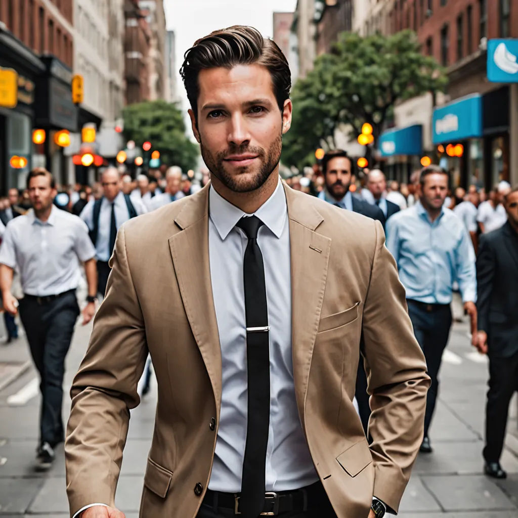 a man in a suit and tie walking down a street with a group of people behind him on a busy city street, maximalism, a stock photo, Alexander Kucharsky, j. c. leyendecker 8 k