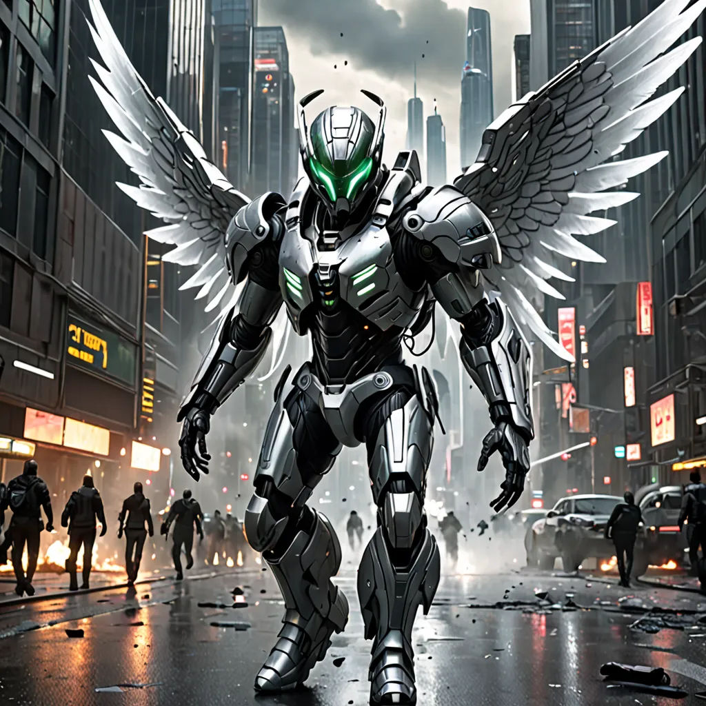 a robot with wings standing in the middle of a city street with people walking around it and a city skyline in the background, antipodeans, concept art, Aleksi Briclot, cryengine