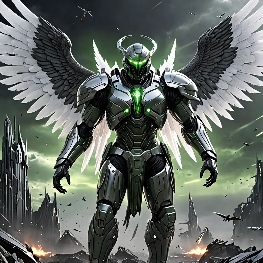 a futuristic man with wings standing in front of a city skyline with a green light on his face and a green light on his chest, fantasy art, a digital rendering, Aleksi Briclot, mecha