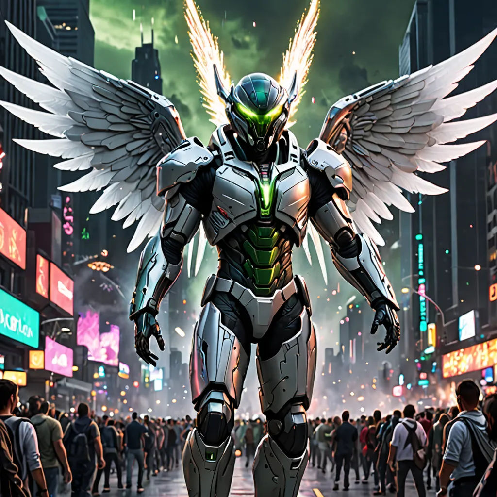 a man in a futuristic suit with wings on a city street at night with people walking around him and a lot of neon signs, afrofuturism, concept art, Clint Cearley, comic cover art