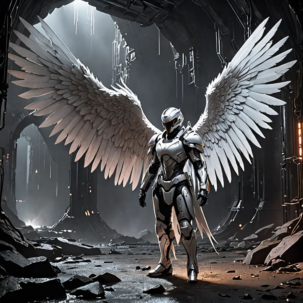 a man with a sword and wings standing in a cave with a giant angel like creature in the background, fantasy art, concept art, Aleksi Briclot, unreal engine highly rendered