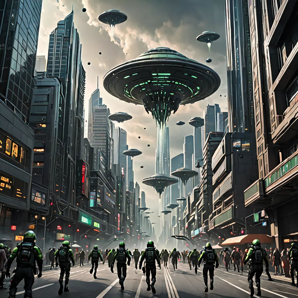 a group of people walking down a street next to tall buildings and a giant alien ship in the sky, futurism, a detailed matte painting, Filip Hodas, dystopian art