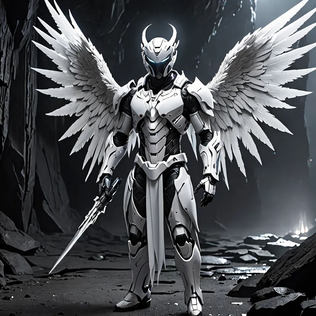 a robot with wings and a sword in a cave with rocks and rocks in the background, in a black and white photo, fantasy art, concept art, Anne Stokes, warframe armor