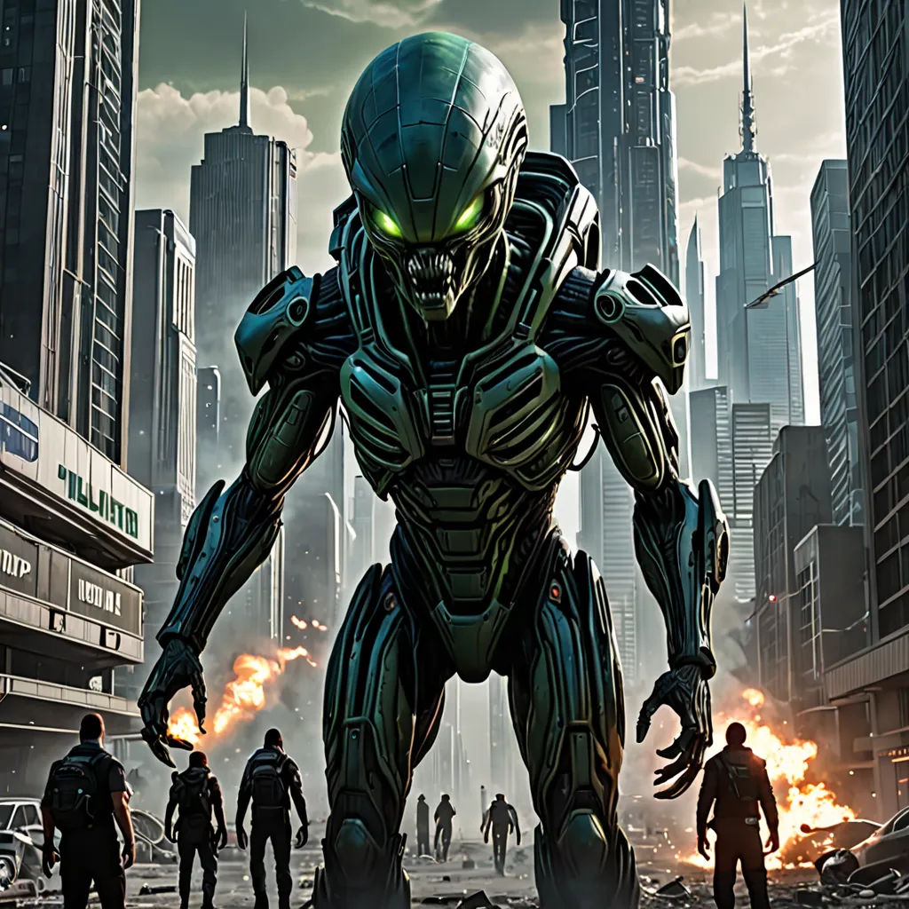 a group of people standing in a city with a giant robot in the foreground and a cityscape in the background, antipodeans, poster art, Eddie Mendoza, key art