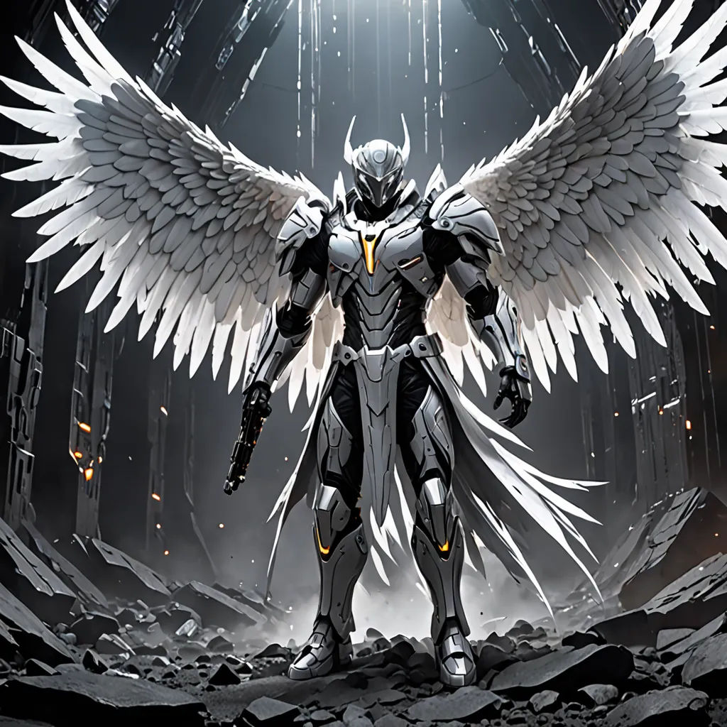 a man with wings standing in a cave with a sword in his hand and a halo above his head, fantasy art, a comic book panel, Anne Stokes, wings