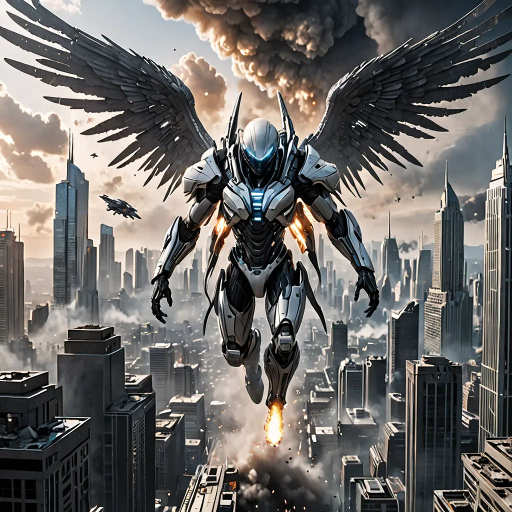 a futuristic robot flying over a city with a huge bird on his back and a jet in the air, afrofuturism, a detailed matte painting, Aleksi Briclot, unreal engine render