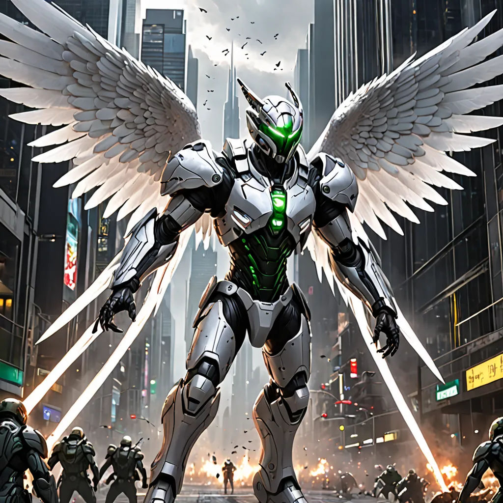 a futuristic man with wings standing in a city street with other people in the background and a large group of buildings, fantasy art, concept art, Clint Cearley, mecha
