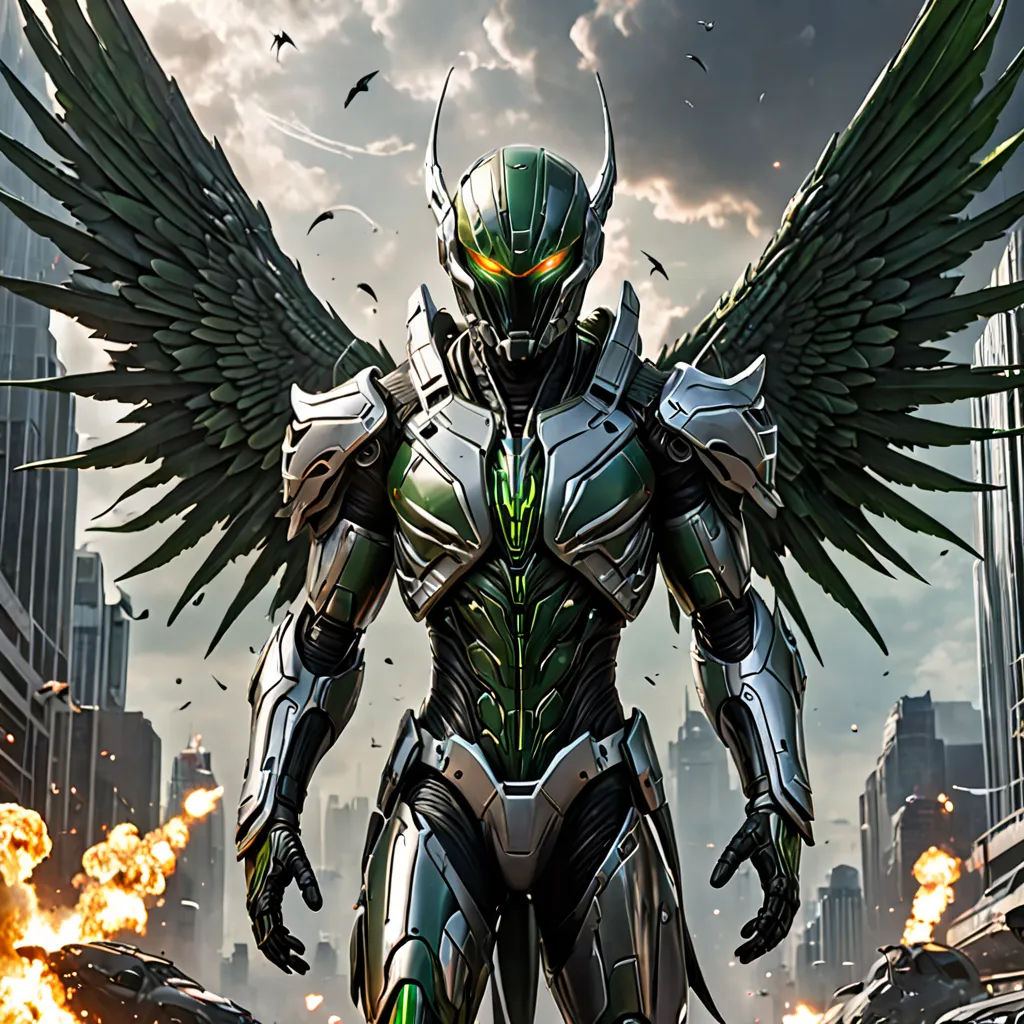 a man in a futuristic suit with wings on his head and a city in the background with birds flying overhead, antipodeans, concept art, Aleksi Briclot, unreal engine highly rendered