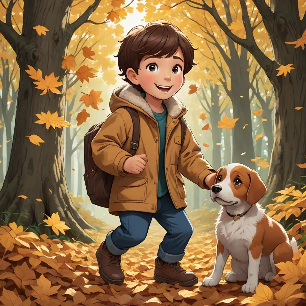 a boy and his dog in a forest with leaves on the ground and trees with yellow leaves on the ground, american scene painting, a storybook illustration, Aaron Jasinski, official art