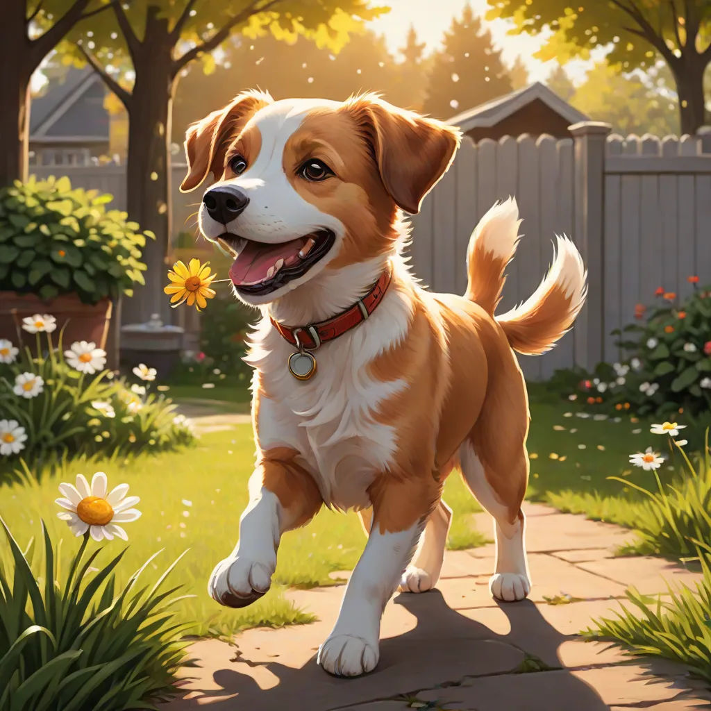 a dog is running through a garden with daisies and a fence in the background, and a sunlit area with flowers, american scene painting, a detailed painting, Chris LaBrooy, kinkade