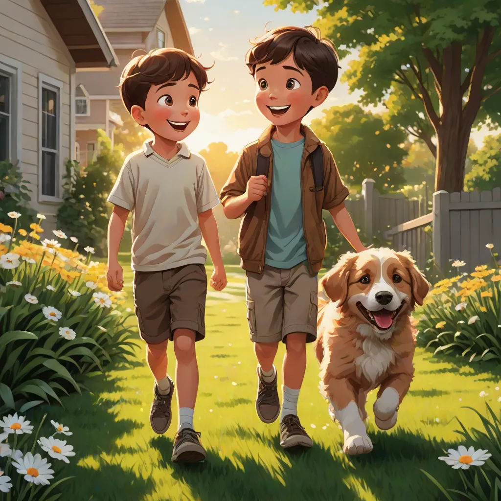 two boys walking a dog in a yard with a house in the background and daisies in the foreground, american scene painting, a storybook illustration, Brothers Hildebrandt, official art