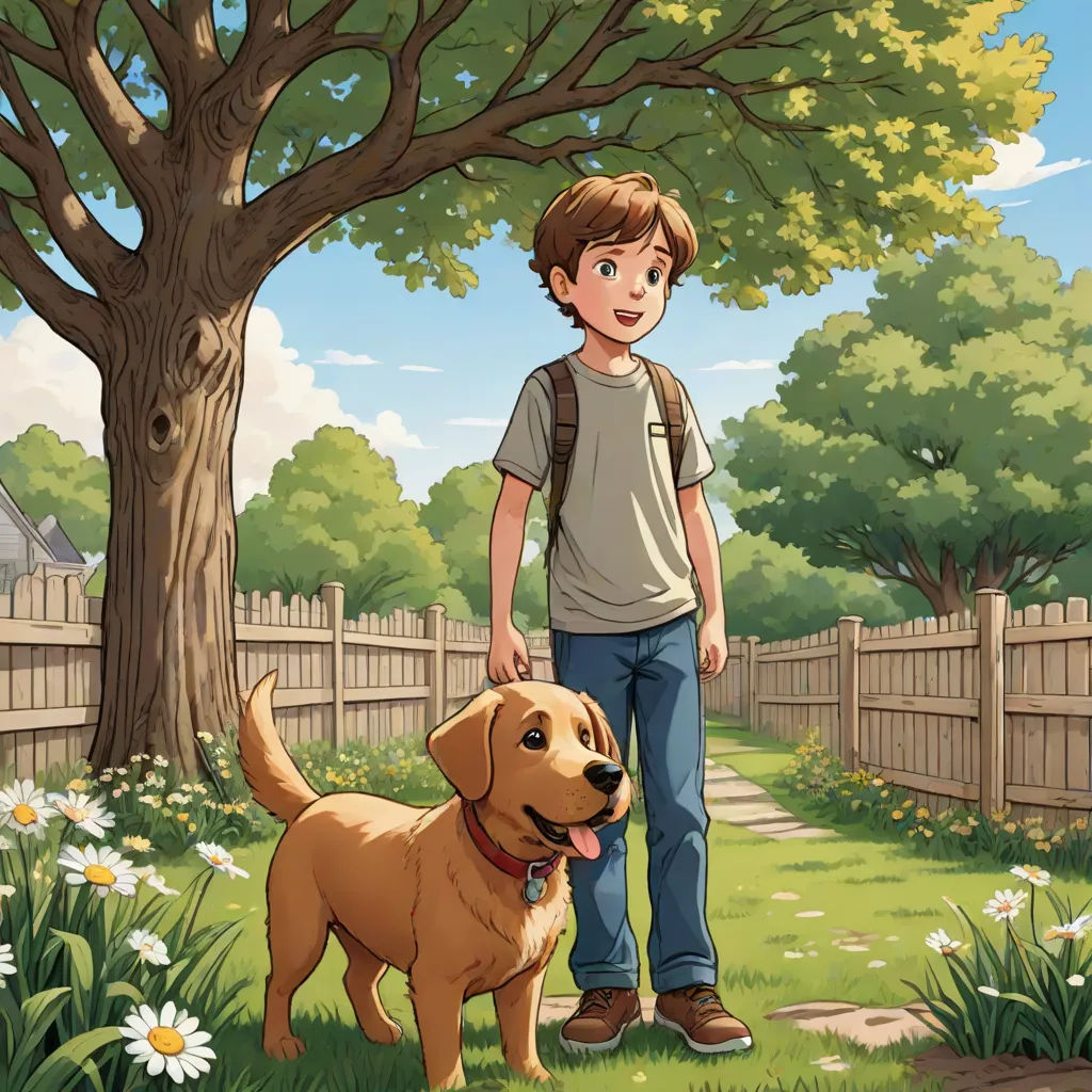 a boy and his dog in the yard of a house with a tree and fence in the background illustration, american scene painting, a storybook illustration, Aaron Jasinski, official art